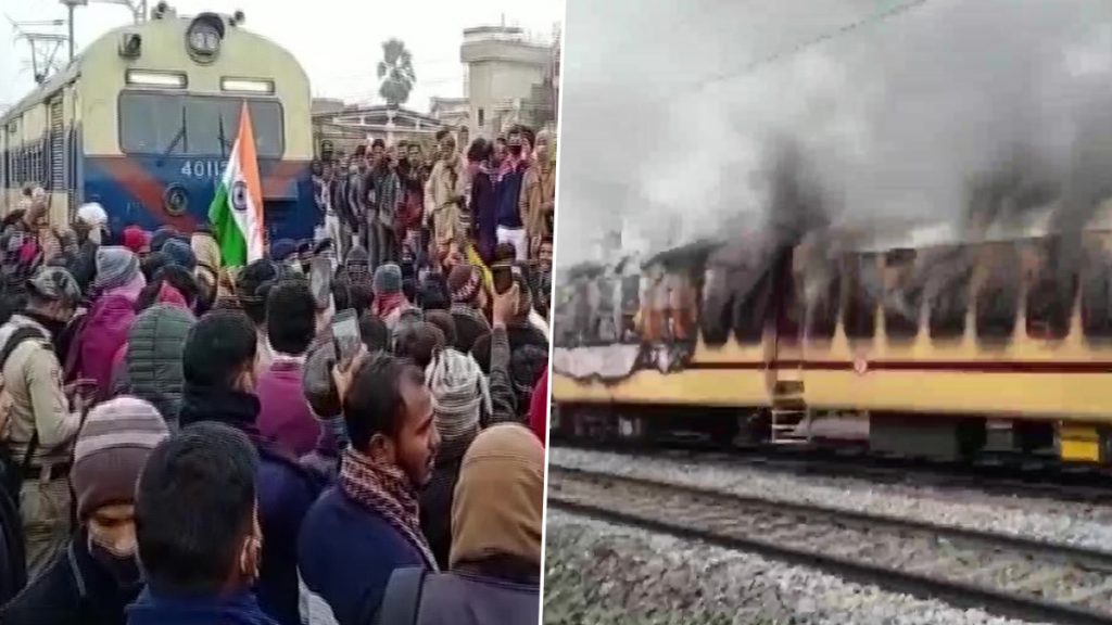 गया में रेल भर्ती में अनियमितताएं को लेकर प्रदर्शनकारी छात्रों ने ट्रेन में आग लगाई