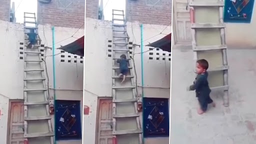 छोटे लड़के का निंजा की तरह सीढ़ी से नीचे उतरने का वीडियो क्लिप वायरल, वीडियो देख नेटिज़न्स हैरान