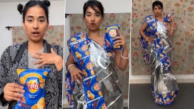 Saree Made Up Of Potato Chips Packets: महिला ने पहनी आलू के चिप्स के पैकेट से बनी साड़ी, वीडियो देख नेटिज़न्स हुए लोट-पोट