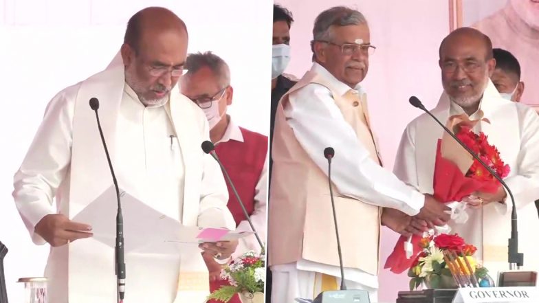 Manipur New CM: बीरेन सिंह दूसरी बार बने मणिपुर के सीएम, राज्यपाल ला गणेशन ने दिलाई शपथ