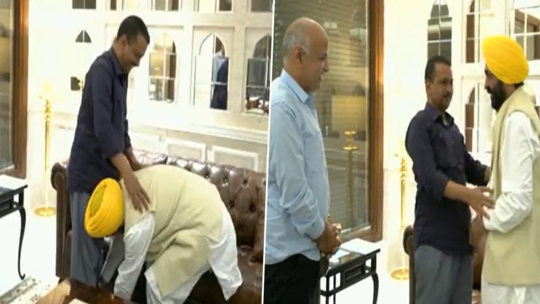 पंजाब जीतने के बाद भगवंत मान पहुंचे दिल्ली, सीएम केजरीवाल और मनीष सिसोदिया का पैर छूकर आशीर्वाद लिया