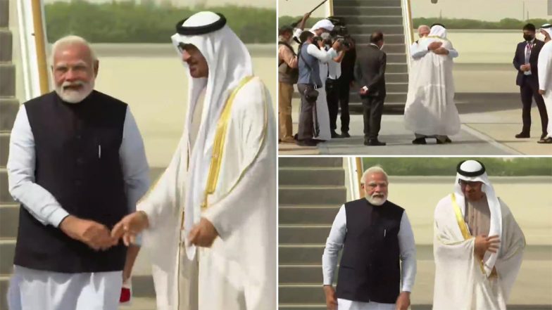 PM Modi UAE Visit: पीएम मोदी पहुंचे अबू धाबी, UAE के राष्ट्रपति ने किया गर्मजोशी से स्वागत, Watch Pics