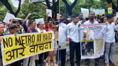 Mumbai: आरे कॉलोनी में मेट्रो कार शेड बनाने के महाराष्ट्र सरकार के फैसले के खिलाफ गोरेगांव में विरोध प्रदर्शन (Video)
