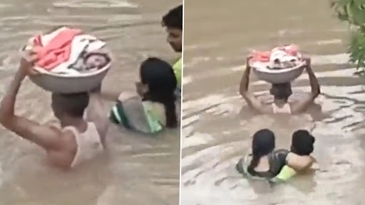 टोकरी में 3 महीने के बच्चे को गर्दन तक डूबे हुए पानी में ले जाते हुए शख्स का क्लिप वायरल 