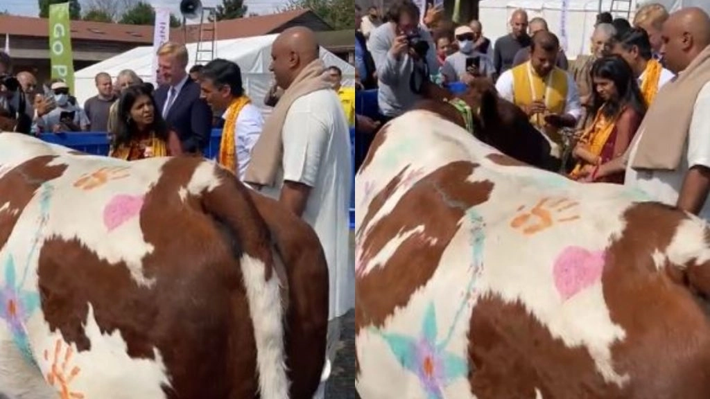 लंदन में गौ पूजा! Rishi Sunak और उनकी पत्नी ने विधि-विधान से की गाय की पूजा, वीडियो हुआ वायरल (Watch Video)