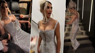 Viral: Kim Kardashian ने पहनी सिल्वर कलर की इतनी टाइट गाउन, सीढ़ी चढ़ने में छूटे पसीने (Watch Video)