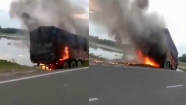 VIDEO: चलते ट्रक में लगी भीषण आग, तालाब में उतारा तब बची जान, देखिए वायरल वीडियो