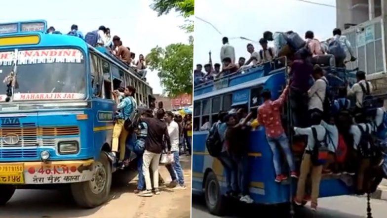जोखिम भरा सफर; कन्नौज में बस की छत, दरवाजे और खिडकियों पर लटककर यात्रा करते दिख छात्र