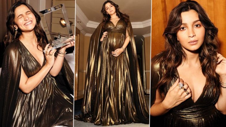 जल्द मां बनने जा रहीं Alia Bhatt ने गोल्डन गाउन पहन बिखेरा जलवा, हाथ में थामे दिखीं Time Impact Award (See Pics)