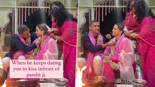 Video: मंगल सूत्र पहनाते समय दुल्हन ने दूल्हे को सबके सामने किया Kiss, उसके बाद जो हुआ देखें वीडियो
