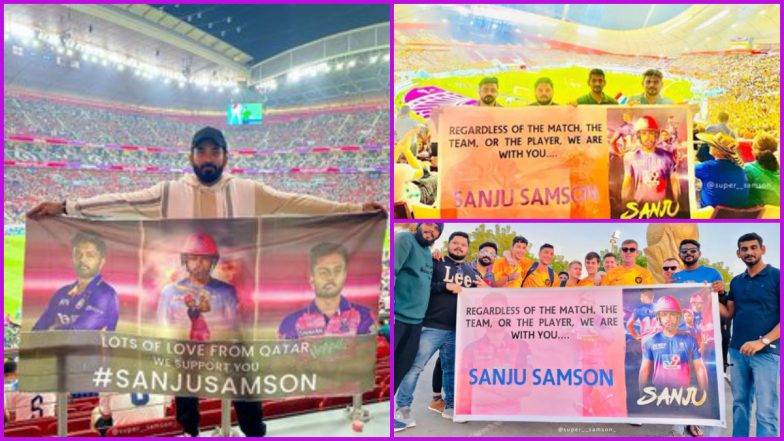 Sanju Samson Fans Display Banners at FIFA World Cup 2022: कतर में भी दिखा संजू सैमसन का जलवा, फैंस ने समर्थन में फीफा विश्व कप मैच में दिखाया बैनर, देखें Photo