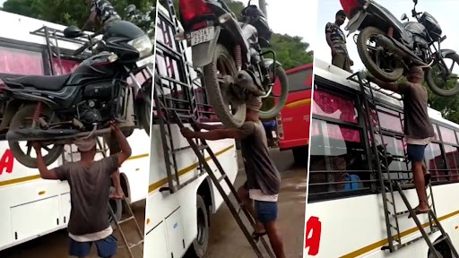 Video: सिर पर बाइक रखकर बस के पर चढ़ा शख्स, इंटरनेट पर लोगों ने कहा बाहुबली, देखें वीडियो
