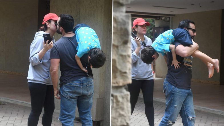Taimur को कंधे पर उल्टा लटकाकर Saif Ali Khan ने Kareena Kapoor को किया किस, यूजर्स बोले - संभलकर कहीं बेटा गिर न जाए
