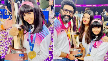 Abhishek Bachchan, Aishwarya Rai Bachchan, Aaradhya ने Pro Kabaddi 2022 में Jaipur Pink Panthers की जीत का मनाया जश्न (Watch Video)