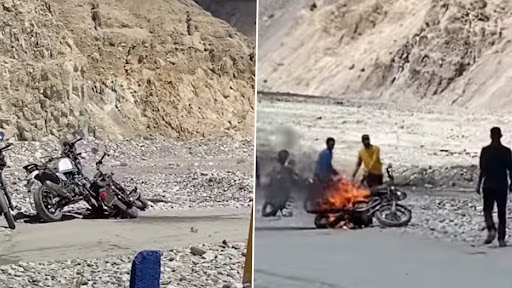 Royal Enfield Catches Fire: लद्दाख में रॉयल एनफील्ड बुलेट बाइक में लगी आग, देखें वायरल वीडियो