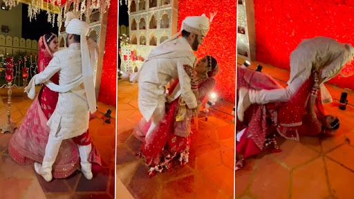 Video: शादी के दौरान रोमांटिक डांस कर रहे थे कपल, अचानक गिरी दुल्हन, देखें वीडियो