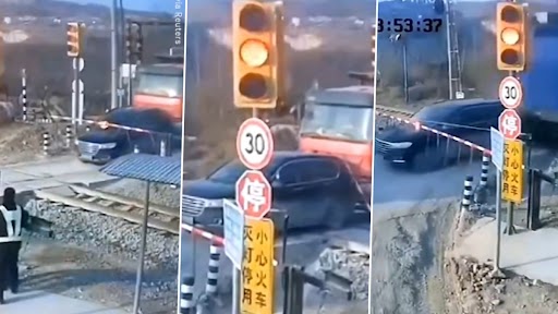 Viral Video: ट्रक से धक्का लगने के बाद कार ट्रेन से कुचले जाने से बाल-बाल बची, देखें वायरल वीडियो
