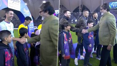 Amitabh Bachchan Meets Lionel Messi and Cristiano Ronaldo: लियोनल मेसी और क्रिस्टियानो रोनाल्डो से मिले बॉलीवुड के सुपरस्टार अमिताभ बच्चन, रियाद इलेवन और पीएसजी का मैच देखने पहुंचे