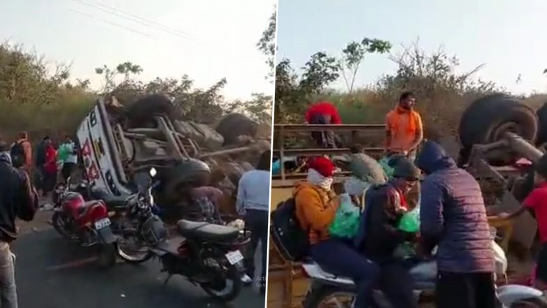 Viral Video: महाराष्ट्र के कोल्हार में कोल्ड ड्रिंक लेकर जा रहा कंटेनर पलटा, स्थानीय लोगों में लूटने की मची होड़