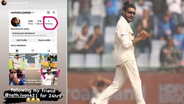 Jadeja Follows Nathan Lyon on Instagram: ऑस्ट्रेलिया स्पिनर नाथन लियोन के रिक्वेस्ट के बाद रवींद्र जडेजा ने इंस्टाग्राम पर 24 घंटो के लिए किया फॉलो, देखें Tweet