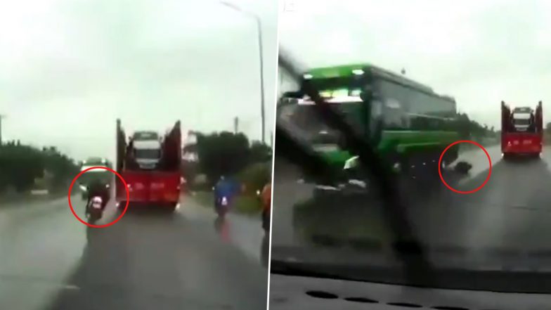 बाइक से गिरते ही तेज रफ्तार बस के नीचे आई लड़की, Viral Video में देखें कैसे बाल-बाल बची जान