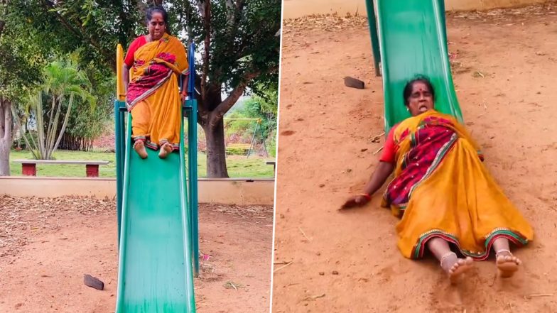 स्लाइडर देखकर बच्ची बन गई आंटी, साड़ी पहनकर फिसलने के दौरान हो गया ऐसा कांड (Watch Viral Video)