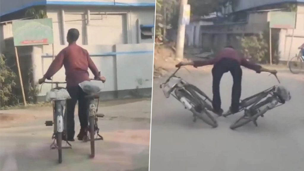 शख्स को एक साथ दो साइकिल चलाते देख उड़े लोगों के होश, बार-बार देखा जा रहा है यह Viral Video