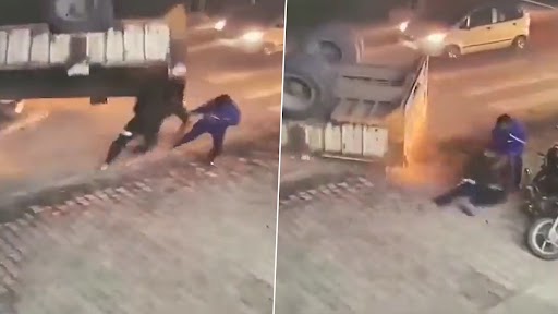 Video: सड़क पर जा रहे शख्स के सिर पर पलटने वाला था ट्रक, दोस्त ने ऐसे बचाई जान