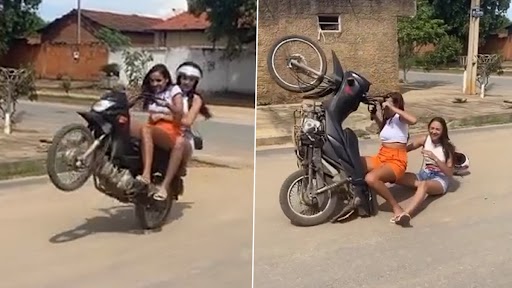 Video: डबल सीट में बाइक पर स्टंट करना लड़कियों को पड़ा भारी, धड़ाम से गिरी पापा की परी