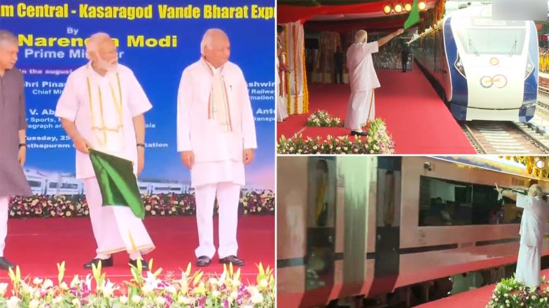PM Modi flags Off Vande Bharat Express: पीएम मोदी ने तिरुवनंतपुरम सेंट्रल रेलवे स्टेशन से वंदे भारत एक्सप्रेस को दिखाई हरी झंडी, देखें वीडियो