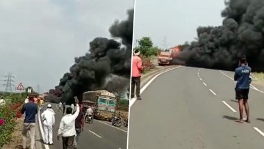 Fire in Truck: महाराष्ट्र के धुले-सोलापुर हाईवे पर ट्रक का इंजन फेल होने पर लगी आग, केबिन पूरी तरह जलकर खाक (Watch Video)