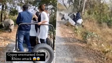 Rhinoceros Attacks Safari Vehicle: मादा गैंडा ने जंगल सफारी की गाड़ी पर किया हमला, पलटा वाहन, देखें वीडियो