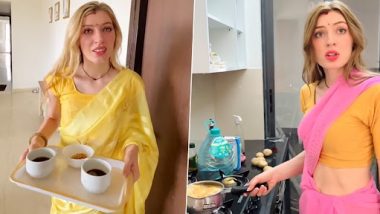 German Woman Turns Desi Wife: जर्मन महिला बनी देसी पत्नी, भारतीय पति के लिए साड़ी में बनाती है चाय, देखें वीडियो