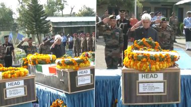 Rajouri Encounter: राजौरी एनकाउंटर में शहीद हुए जवानों को श्रद्धांजलि देने पहुंचे LG मनोज सिन्हा, आतंकवाद को लेकर कही ये बात (Watch Video)