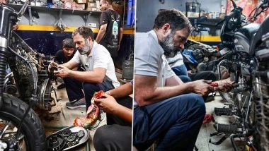 Pics: करोल बाग के गैरेज में पहुंचे राहुल गांधी, मैकेनिक्स के साथ बाइक ठीक करते दिखे