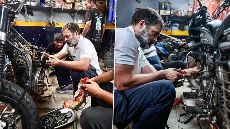 Pics: करोल बाग के गैरेज में पहुंचे राहुल गांधी, मैकेनिक्स के साथ बाइक ठीक करते दिखे