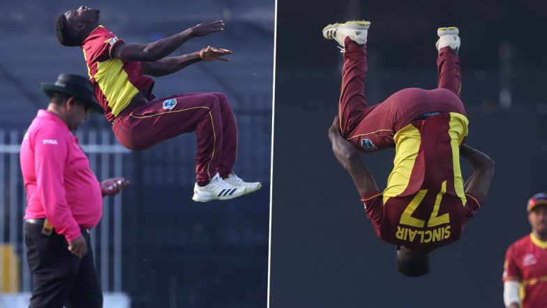 Kevin Sinclair Performs Somersaults: वेस्टइंडीज के गेंदबाज केविन सिंक्लेयर ने संयुक्त अरब अमीरात के खिलाफ तीसरे वनडे में विकेट का जश्न मनाने के लिए किया समरसॉल्ट, देखें बैकफ्लिप का वायरल वीडियो