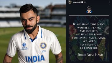 Virat Kohli's Cryptic Instagram Story: विराट कोहली ने डब्ल्यूटीसी फाइनल के चौथे दिन के बाद 'लेटिंग गो' के बारे में उद्धरण के साथ शेयर की इंस्टाग्राम स्टोरी, देखें Post