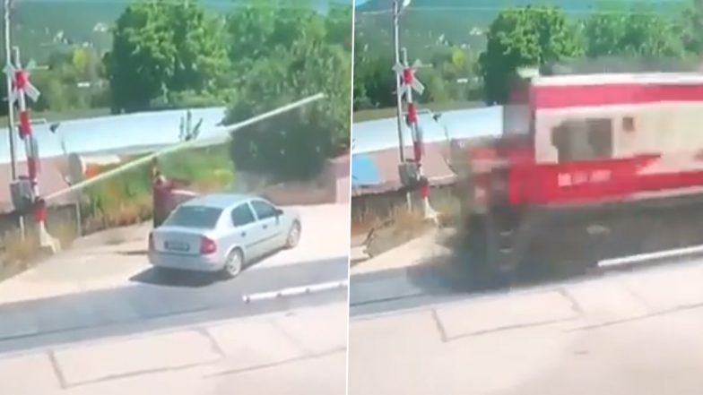 रेलवे फाटक क्रॉस कर रहा था कार सवार, तभी सामने से आ गई तेज रफ्तार ट्रेन, Viral Video में देखें कैसे बाल-बाल बची जान