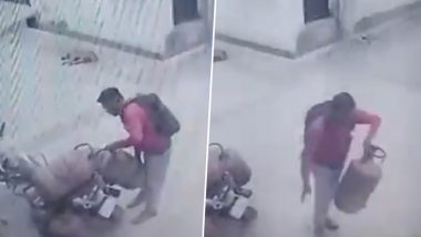 Cylinder Theft in Lucknow Video: यूपी के लखनऊ में डिलीवरी मैन का सिलेंडर चुराकर युवक फरार, CCTV में हुआ कैद