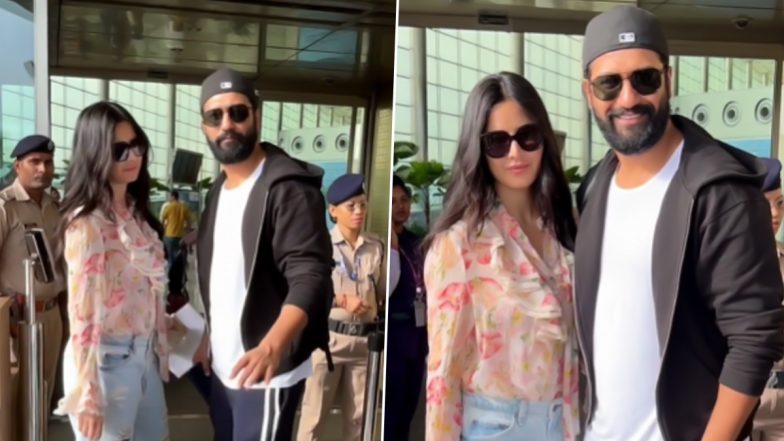 Katrina Kaif And Vicky Kaushal: कैटरीना कैफ और विक्की कौशल साथ में मुंबई एयरपोर्ट पर हुए स्पॉट, पैप्स को दिए पोज (Watch Video)