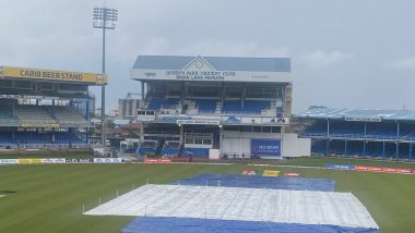 IND vs WI 2nd Test Day 5, Live Weather Updates: मूसलाधार बारिश के कारण भारत-वेस्टइंडीज दूसरे टेस्ट मैच के पांचवें दिन के खेल में देरी, आउट फील्ड सूखने का किया जा रहा इंतेजार