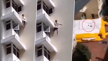 Man Trips From a High Rise Building: ऊंची इमारत से कूदा शख्स और नरम सतह पर गिरा, भयानक वीडियो वायरल