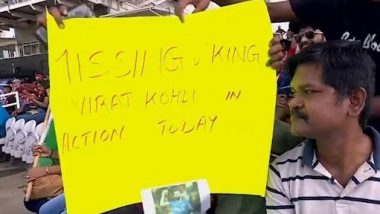 Fan Holds 'Missing Virat Kohli' Placard: वेस्टइंडीज के खिलाफ तीसरे वनडे में मौका नहीं मिलने पर फैन ने भारतीय स्टार बल्लेबाज के लिए प्लेकार्ड पर 'मिसिंग विराट कोहली' लिखकर दिखाया, देखें वायरल तस्वीर