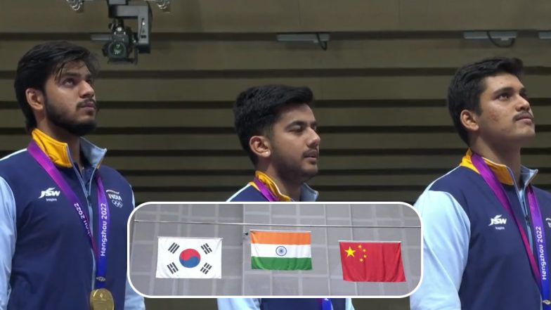Rudrankksh Patil, Aishwary Pratap Tomar and Divyansh Panwar Sing National Anthem: एशियाई खेलों में स्वर्ण पदक जीतने के बाद रुद्राक्ष पाटिल, ऐश्वर्या प्रताप तोमर और दिव्यांश पंवार ने गाया राष्ट्रगान, देखें वीडियो