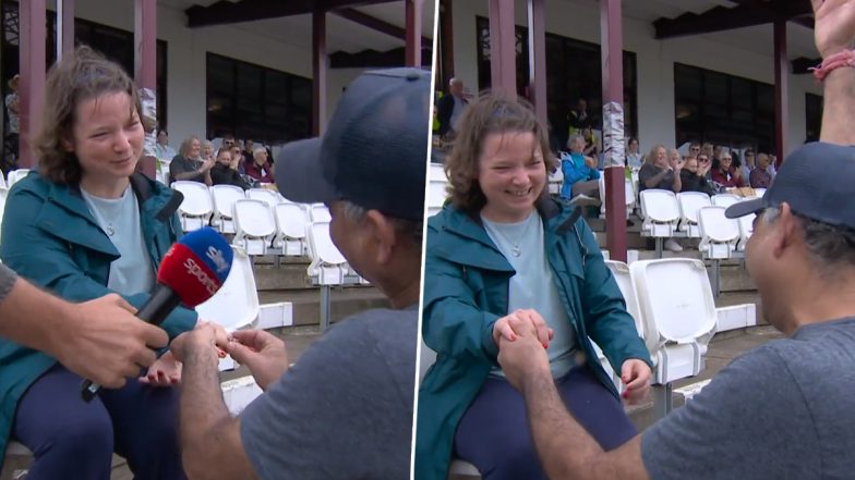 Spectator Proposes Partner At County Ground: दर्शक ने इंग्लैंड-डब्ल्यू बनाम एसएल-डब्ल्यू मैच के दौरान काउंटी ग्राउंड में पार्टनर को किया प्रपोज, देखें वायरल वीडियो