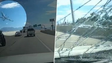 Video- Chair Base Smashes Moving Car: अमेरिका में हाईवे पर चलती कार की विंडशील्ड पर गिरा चेयर बेस का टूटा हिस्सा, घटना का वीडियो हुआ वायरल