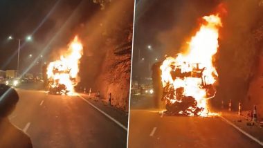 Maharashtra Truck Fire Video: दुर्घटनाग्रस्त होने के बाद ट्रक में लगी आग, नाबालिग समेत 4 लोगों की मौत