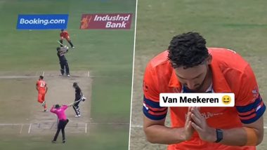 Paul van Meekeren Folds Hands for Thanking: डेरिल मिशेल के करारा शॉट से बाल-बाल बचें पॉल वैन मीकेरेन, नीदरलैंड के गेंदबाज ने हाथ जोड़ कर किया शुक्रिया अदा, देखें वीडियो