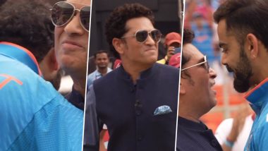 Sachin Tendulkar Meets Team India Cricketers: पाकिस्तान के खिलाफ विश्व कप मैच से पहले सचिन तेंदुलकर ने विराट कोहली समेत टीम इंडिया खिलाड़ी से किए मुलाकात, देखें वीडियो